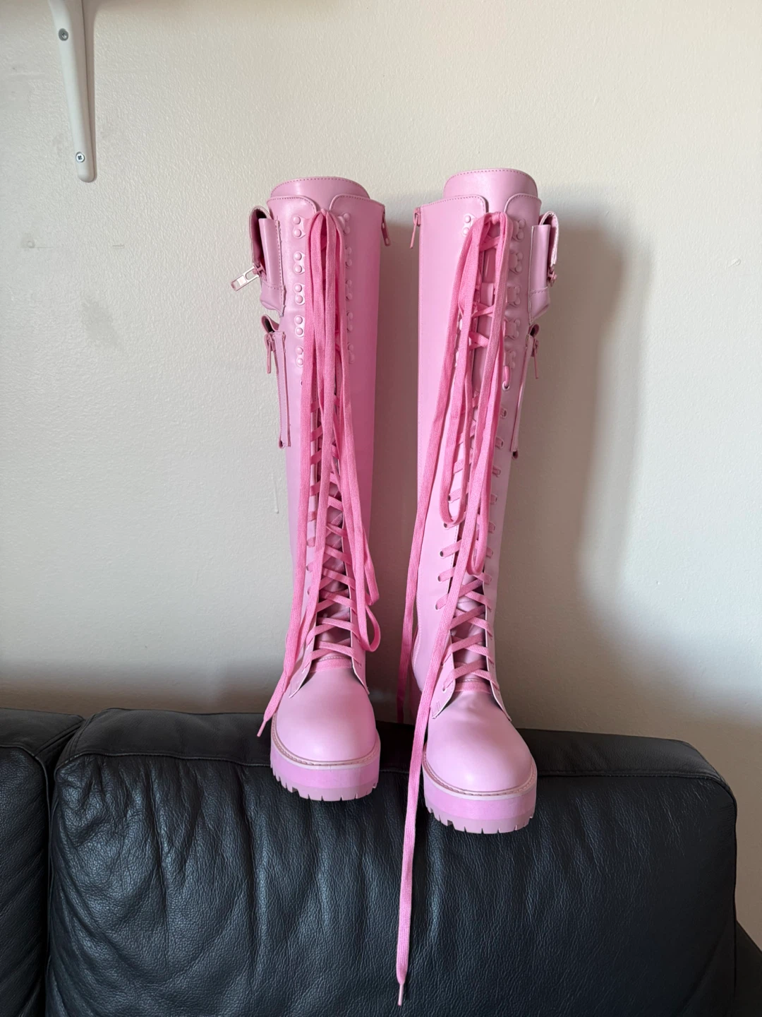 Pink Lace-Up Knee High Boots - photo 4