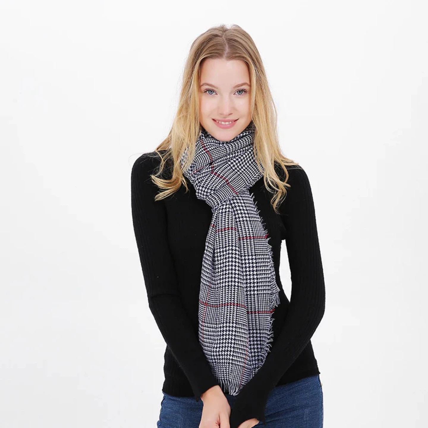 Black and White Plaid Scarf/Shawl with Red Accents - photo 5