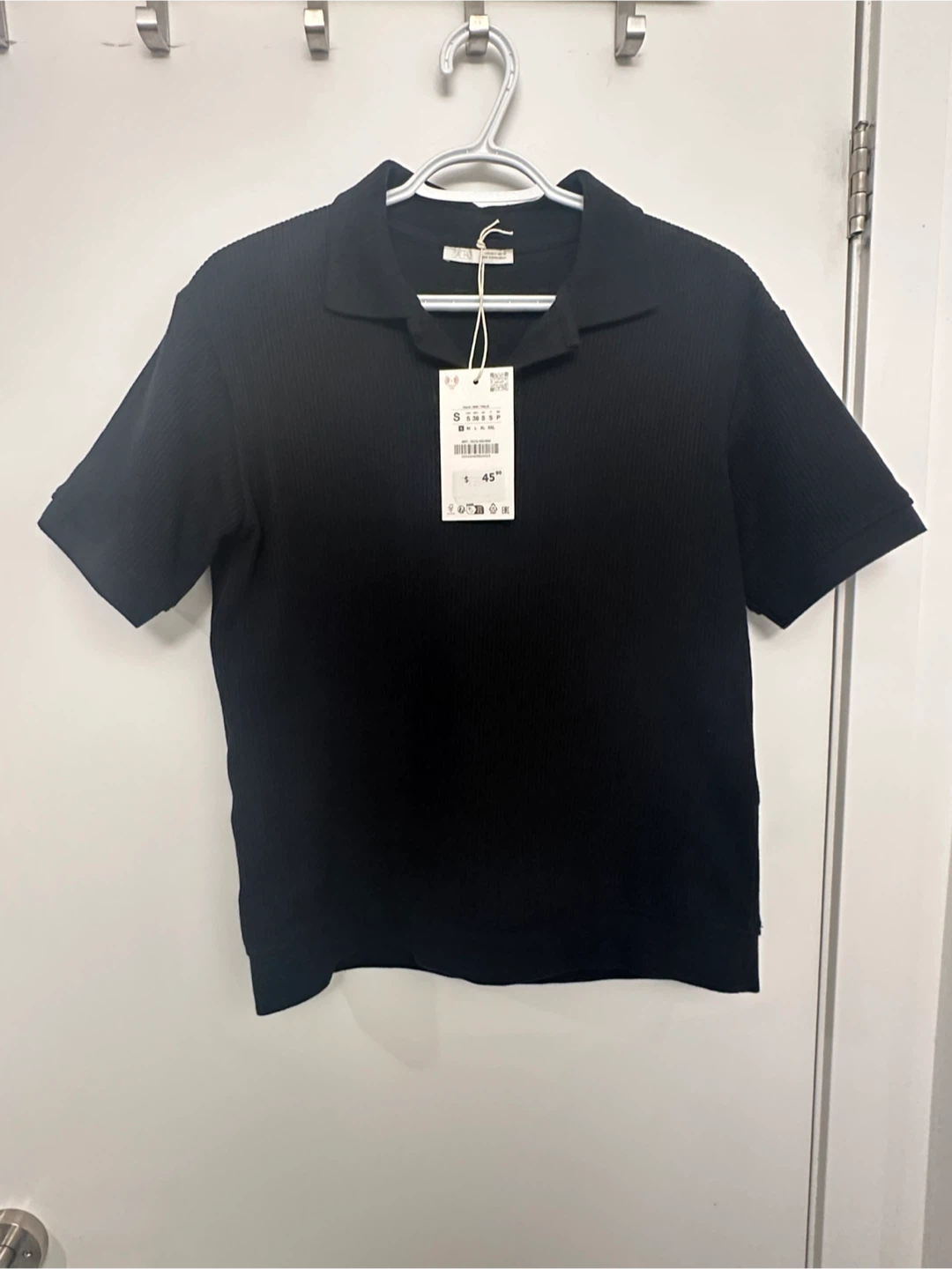 Tags Attached Zara Black Ribbed Polo Shirt - Size S