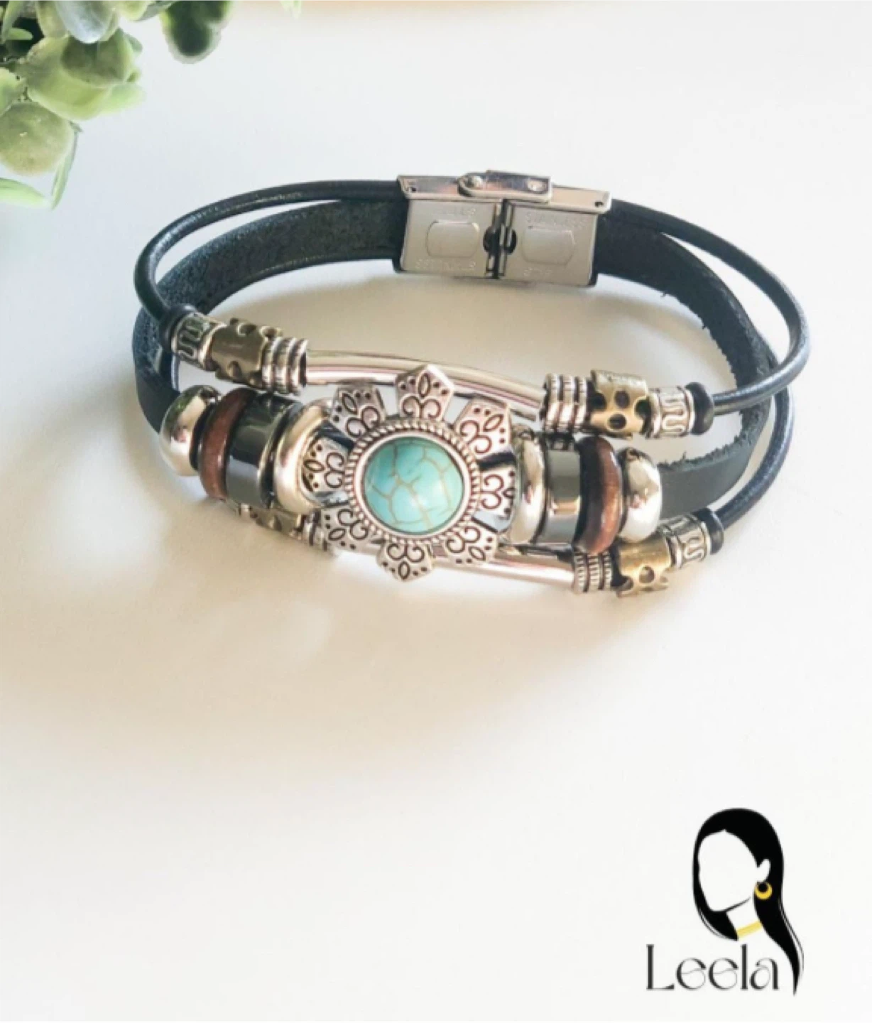 Black Leather Turquoise Bracelet