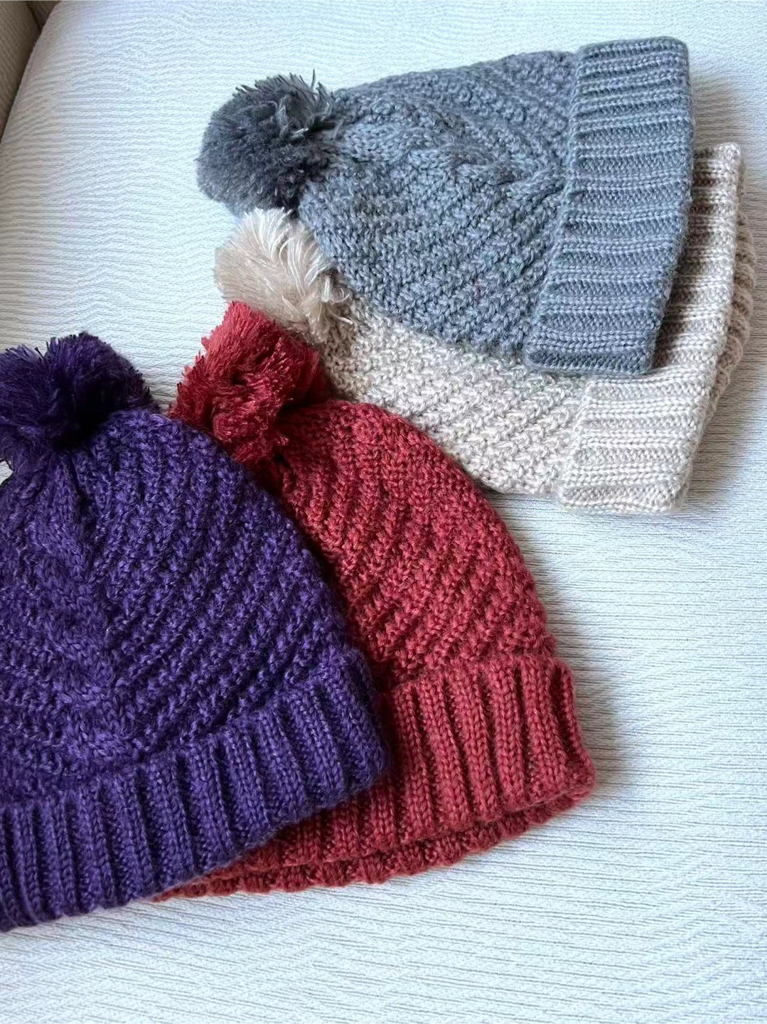 Pom Pom Knit Beanies - Purple, Beige, Gray, Red