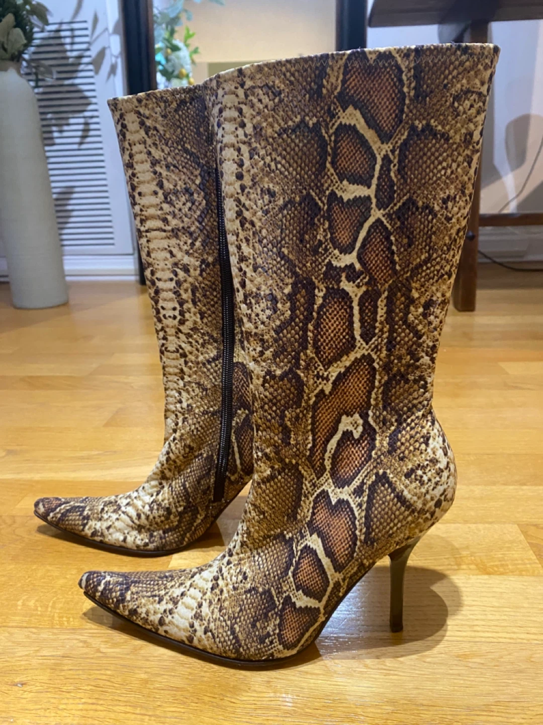 Bebe Snakeskin Print Heeled Boots, Size 7.5