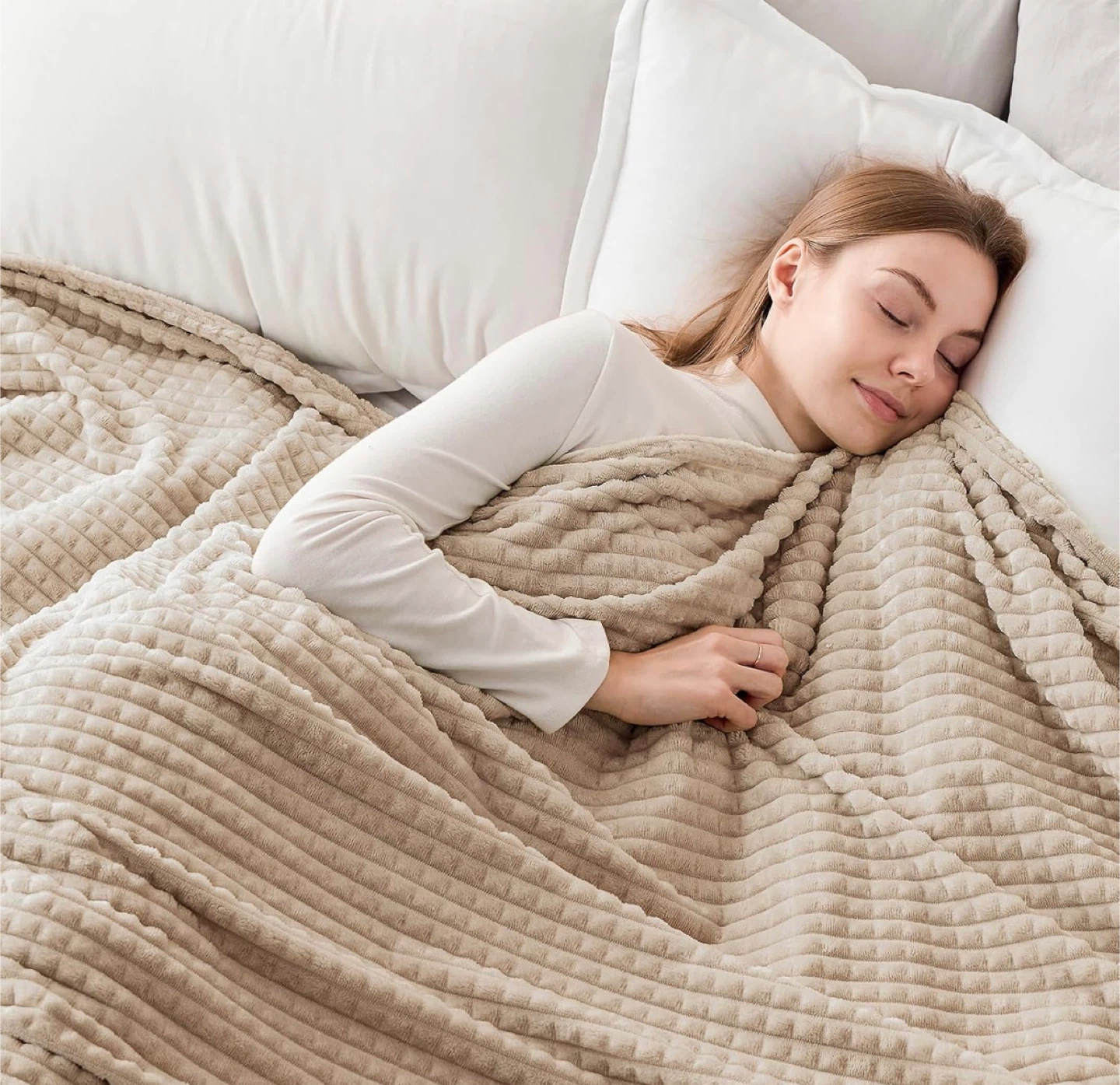 Emme Soft, Plush Grid Design Fleece Blanket, Beige Queen - photo 4