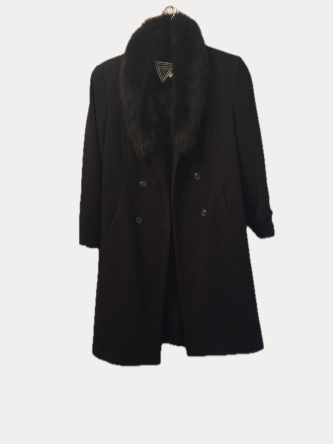 Vintage Black Wool Coat with Fur Collar - Size 12