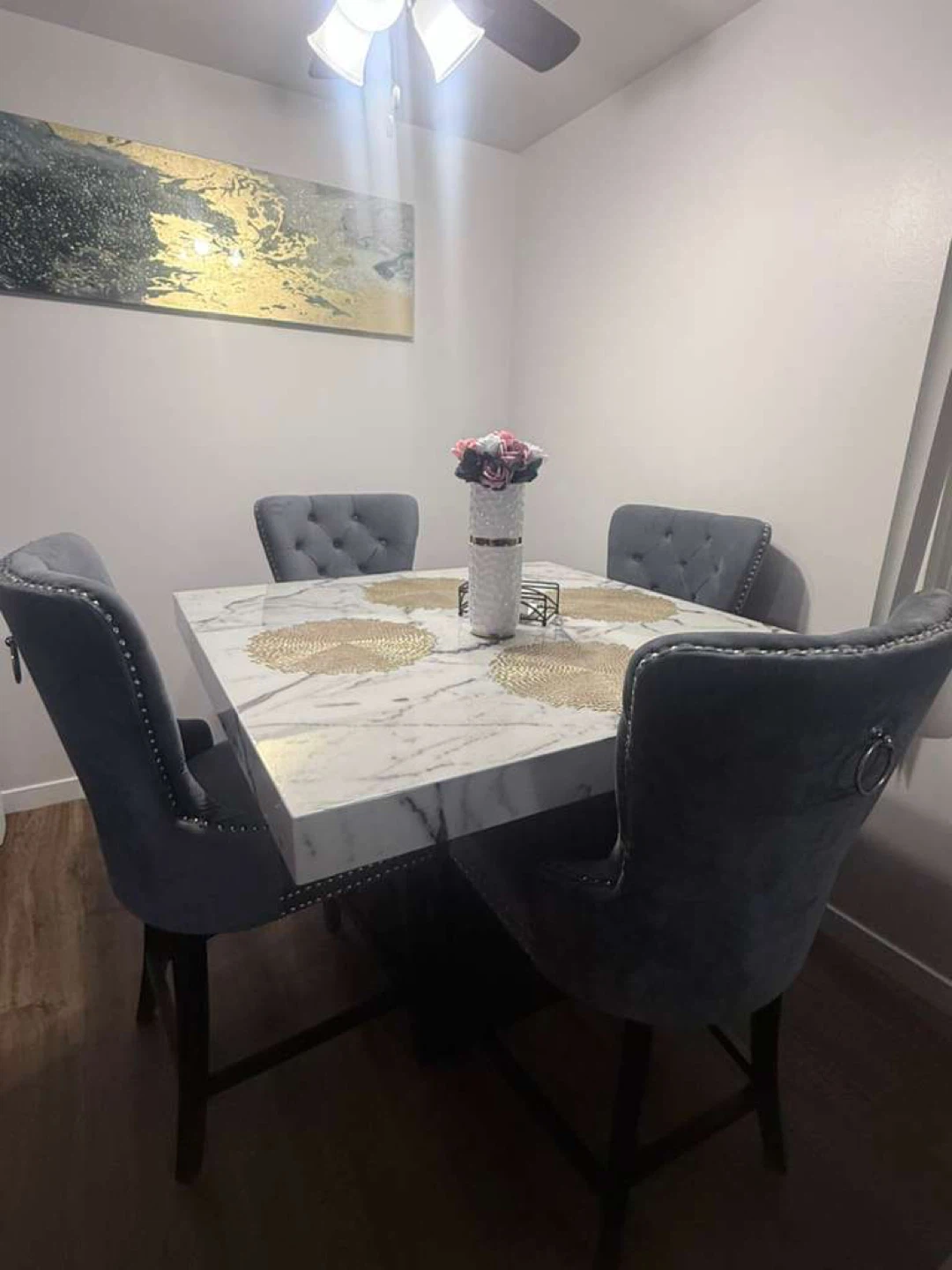 Square Marble Dining Table with 4 Gray Velvet Chairs