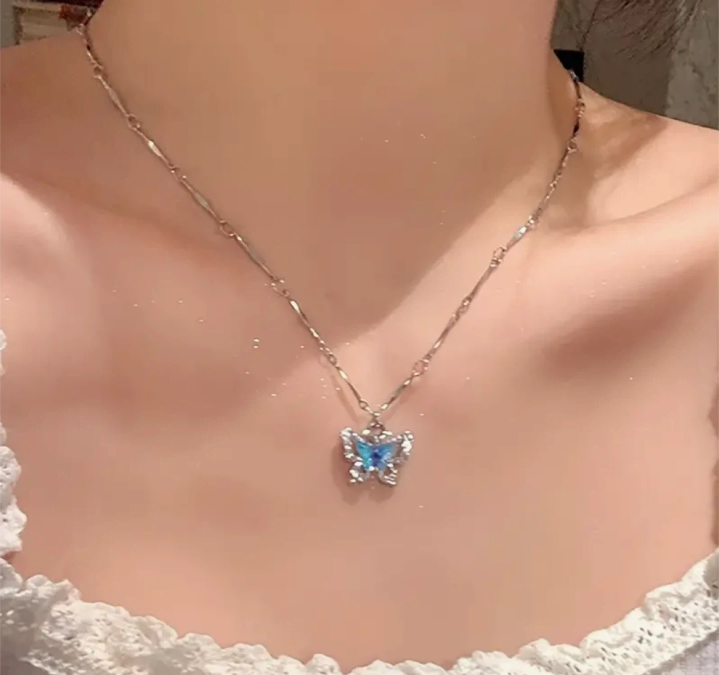 Butterfly Pendant Necklace Set - Blue - photo 5