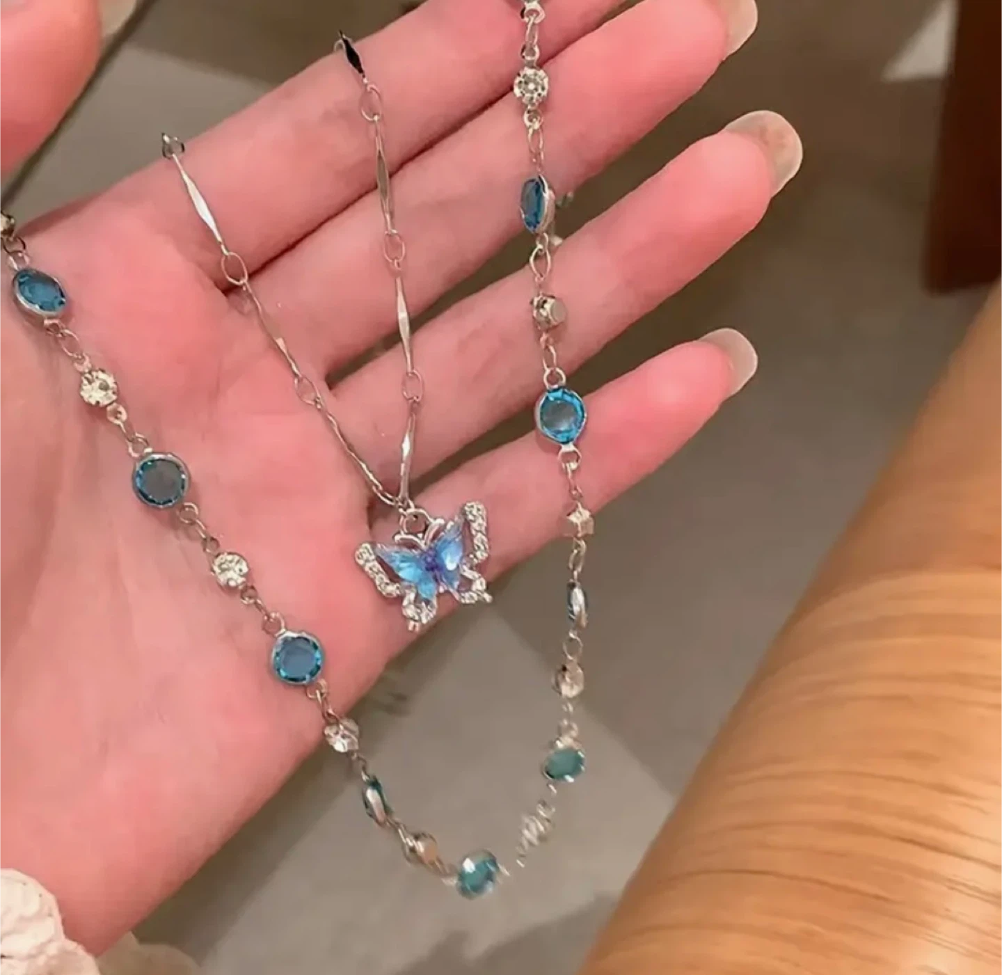 Butterfly Pendant Necklace Set - Blue