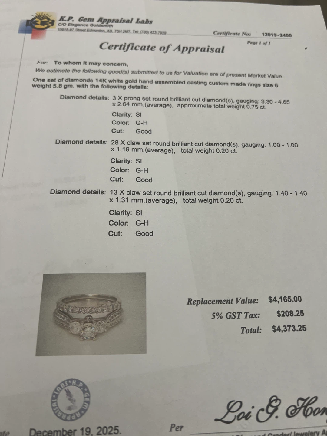 14K White Gold Diamond Ring w/appraisal - photo 5
