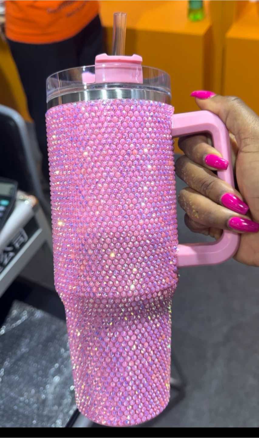 Pink Rhinestone Tumbler with Handle & Straw