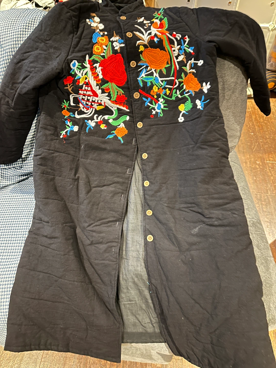 Embroidered Black Coat - cotton and linen fabric