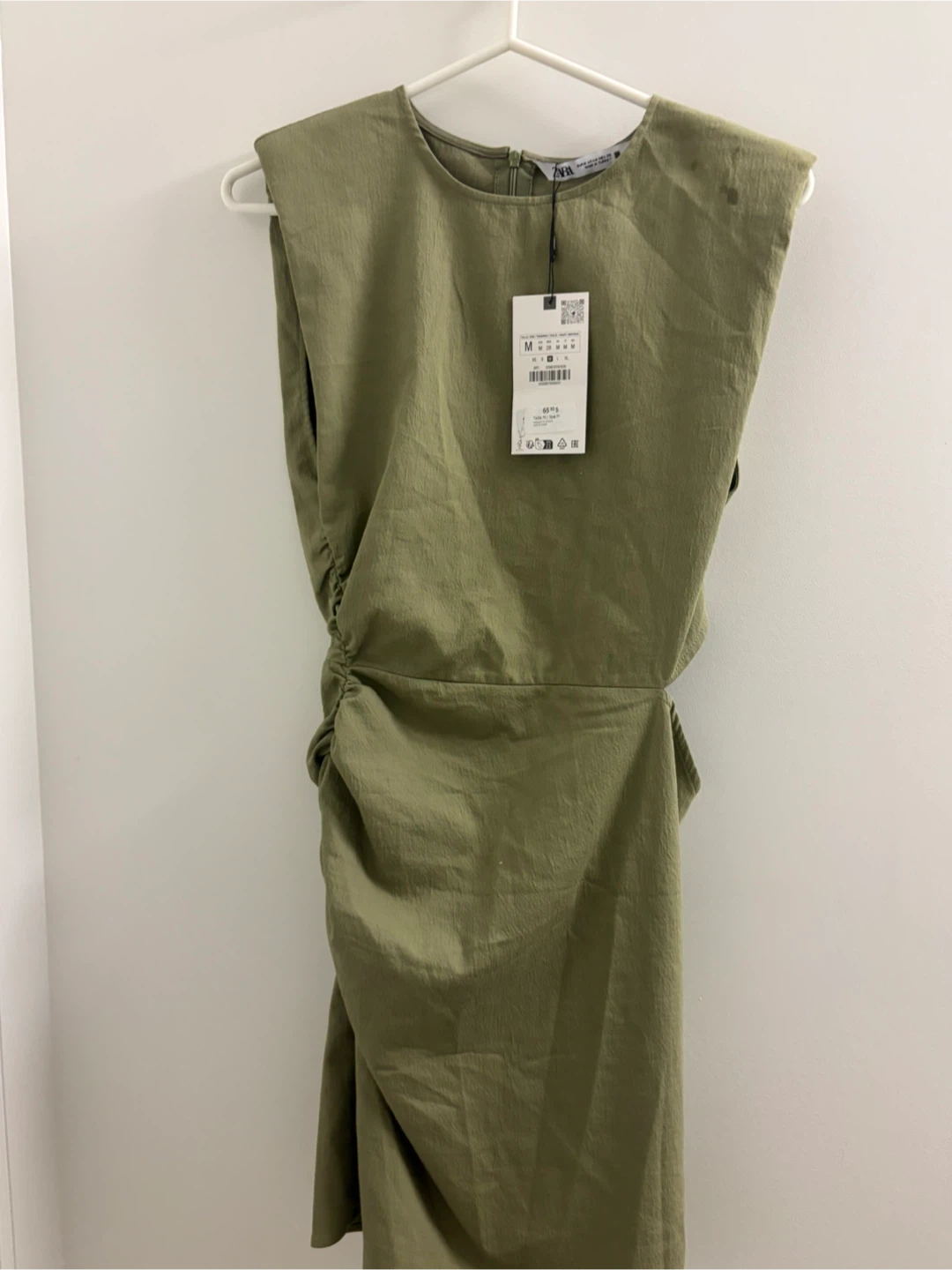 Zara Olive Green Ruched Dress - Size M