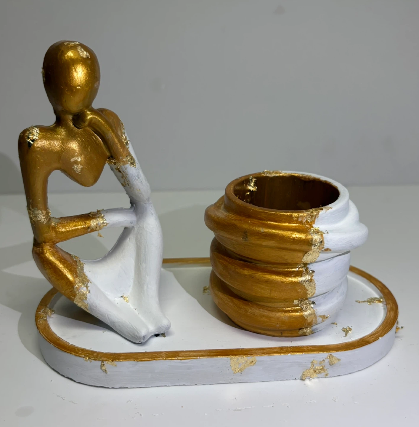 Handmade tray set with Thinking statue and trinket box