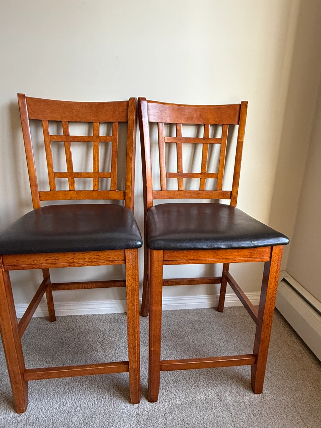 Wooden Bar Stools with Black Leather Seat - Set of 2