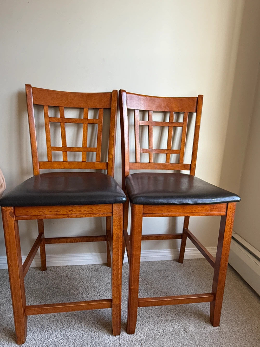 Wooden Bar Stools with Black Leather Seat - Set of 2 - photo 2