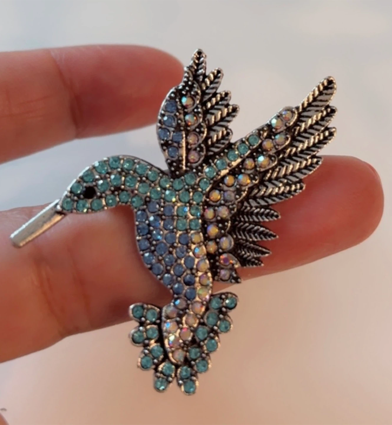 Hummingbird Brooch - Silver Tone with Blue Accents