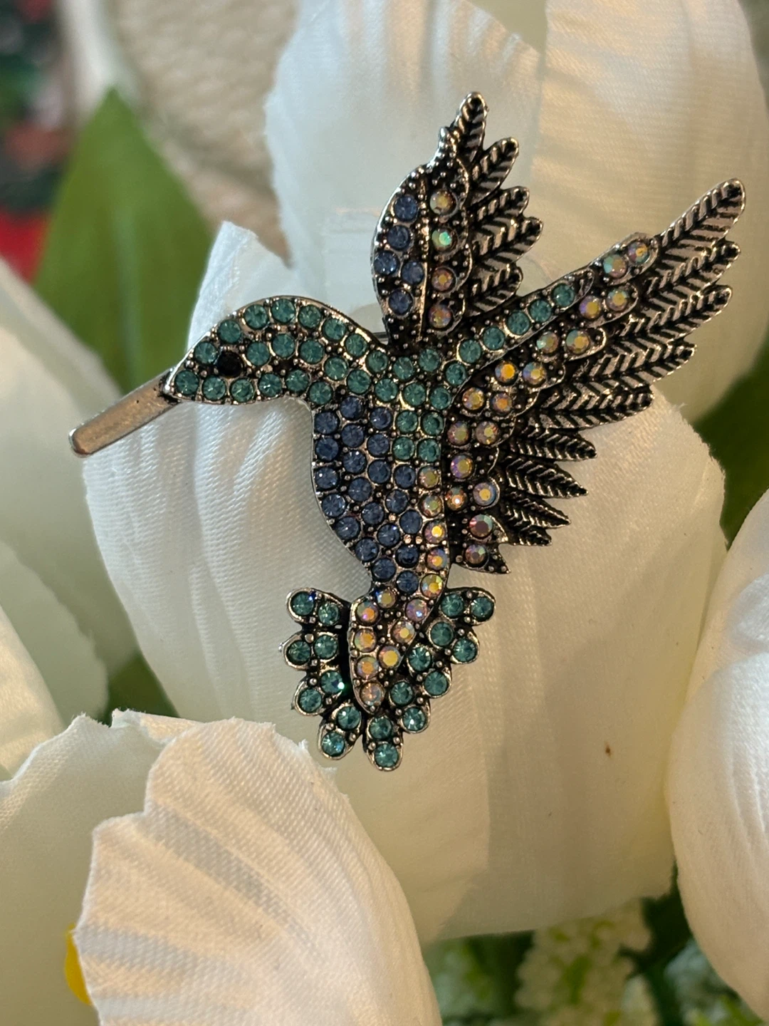 Hummingbird Brooch - Silver Tone with Blue Accents - photo 3