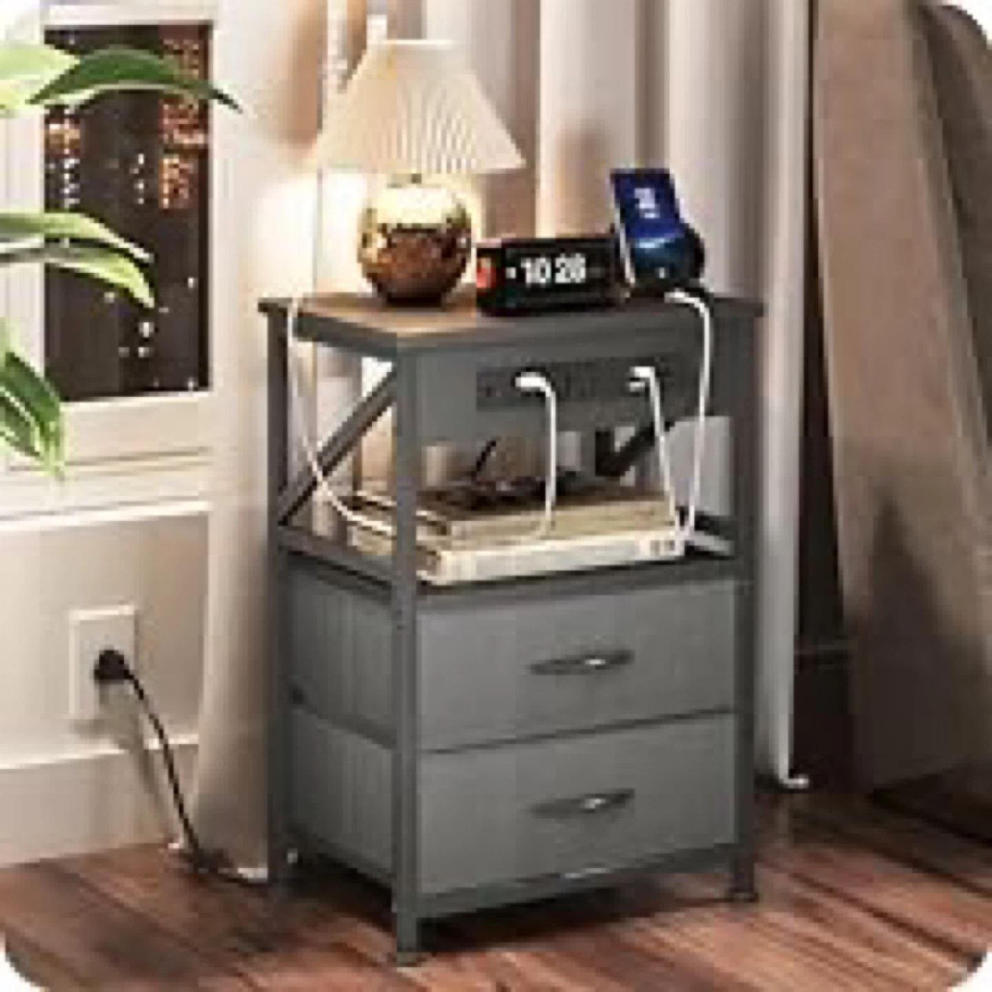 Grey Nightstand with Charging Station