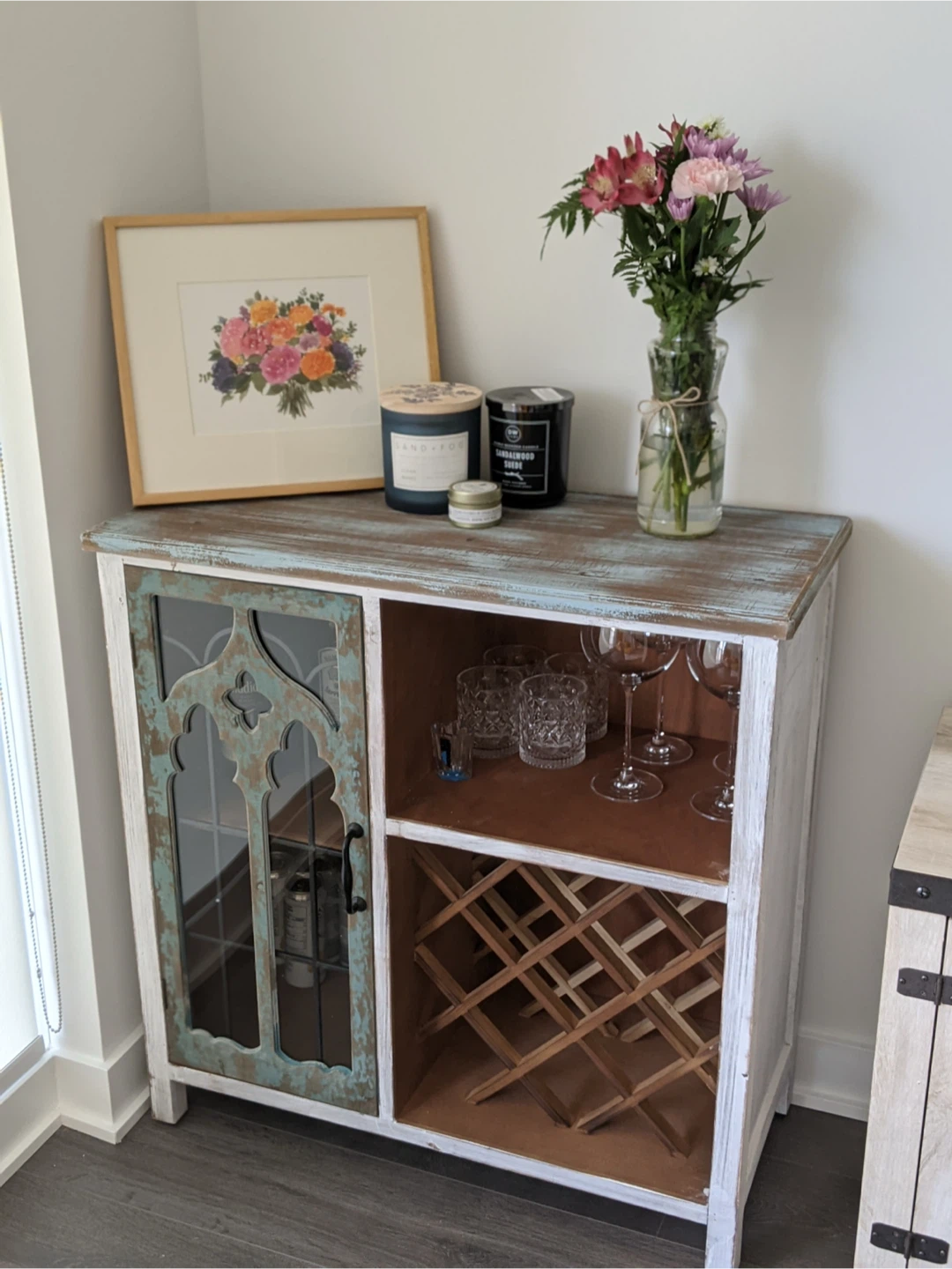 Whitewashed Bar Cabinet with Wine Rack