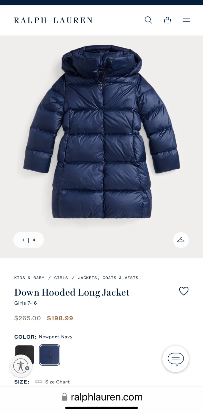 Ralph Lauren Down Hooded Long Jacket - Girls Size M