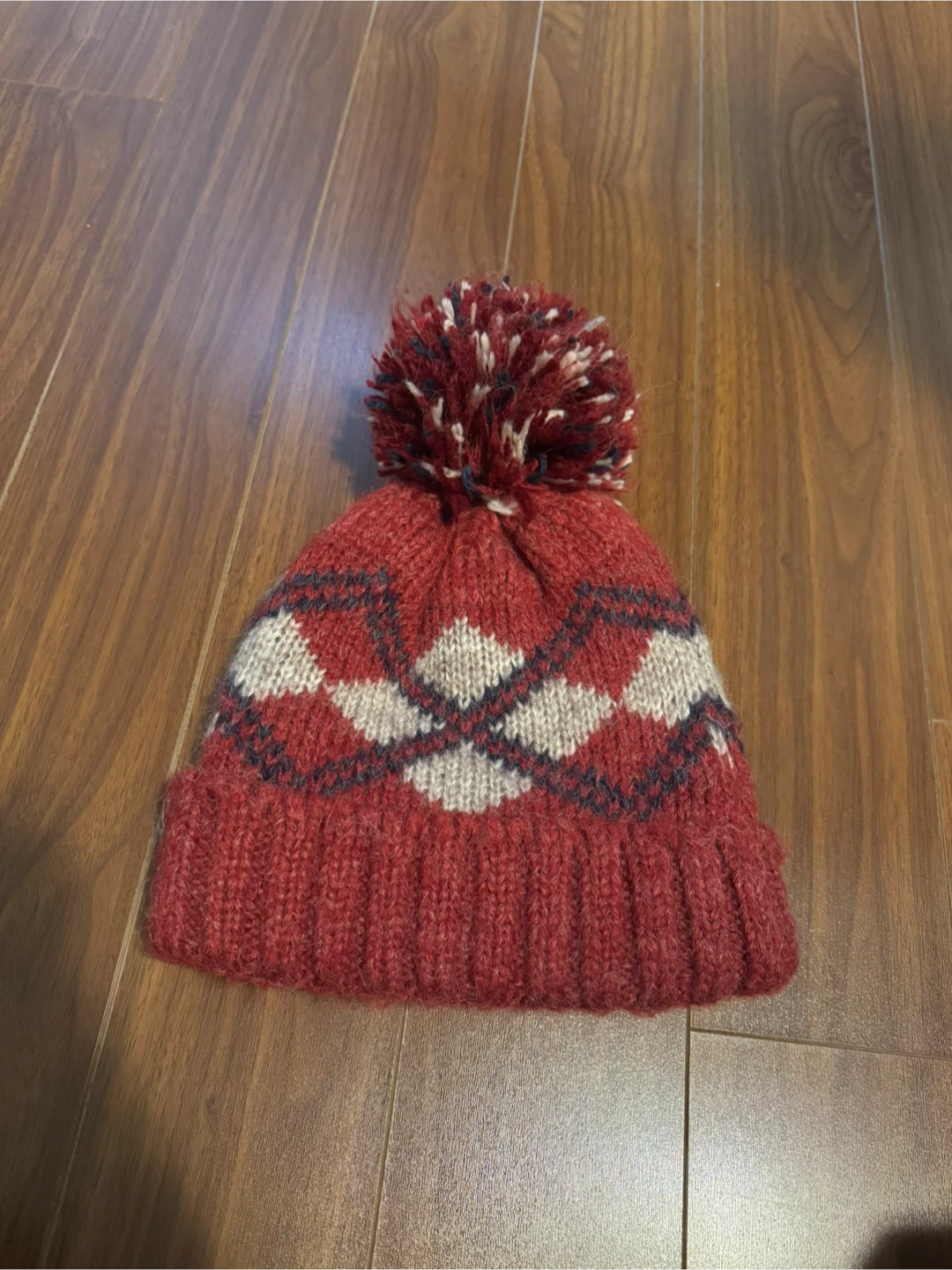 Red Argyle Knit Pom Pom Beanie