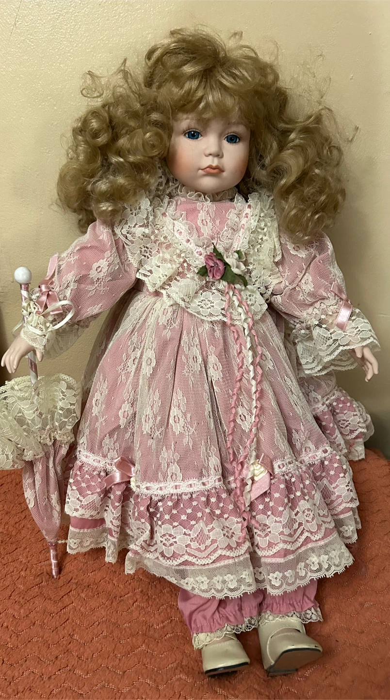 Porcelain Doll with Pink & White Dress