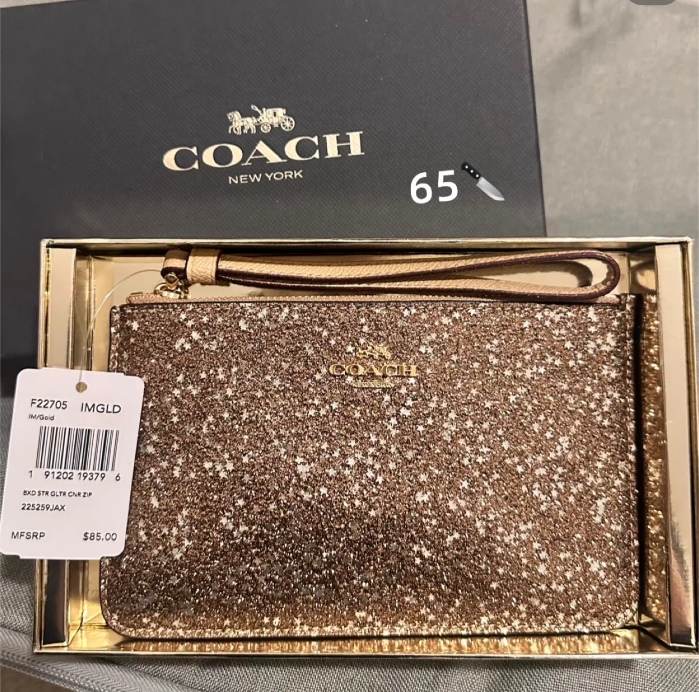 New Coach Gold Glitter Wristlet with Box