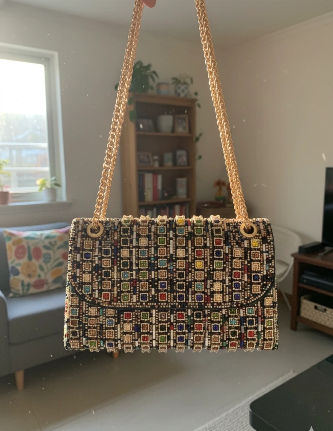 Beaded Shoulder Bag with Gold Chain