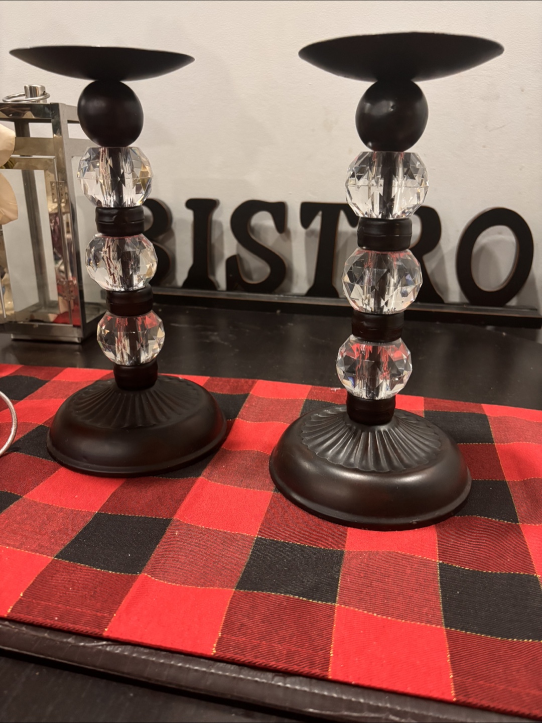 Pair of Decorative Black & Crystal Candlestick Holders - photo 5