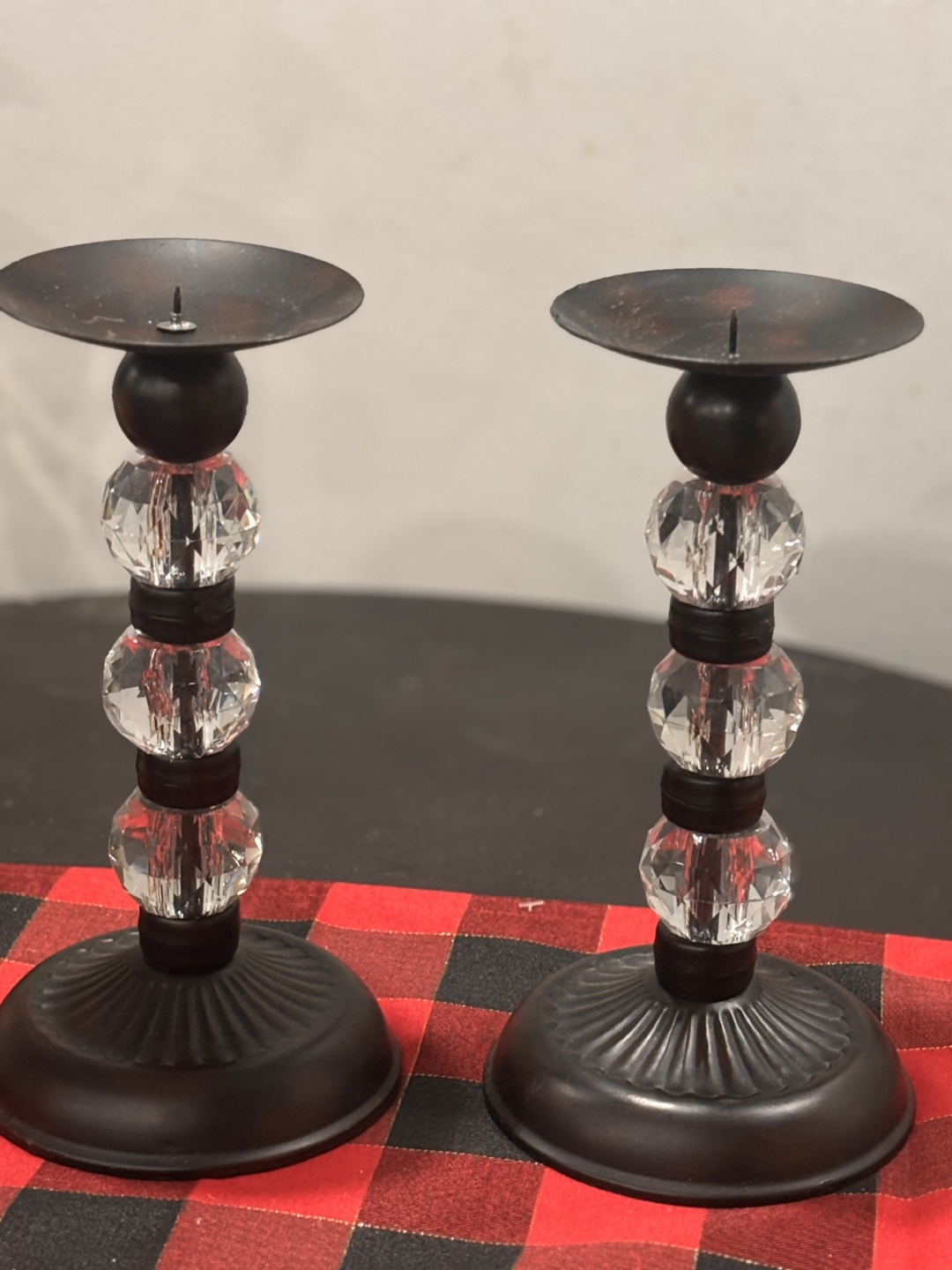 Pair of Decorative Black & Crystal Candlestick Holders