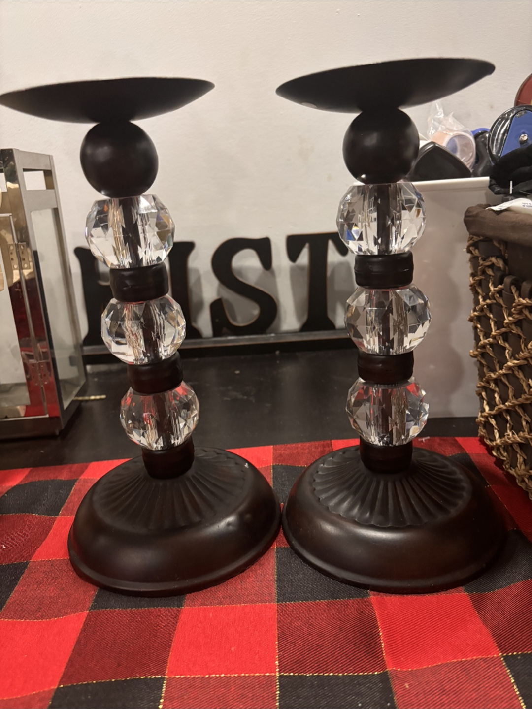 Pair of Decorative Black & Crystal Candlestick Holders - photo 4