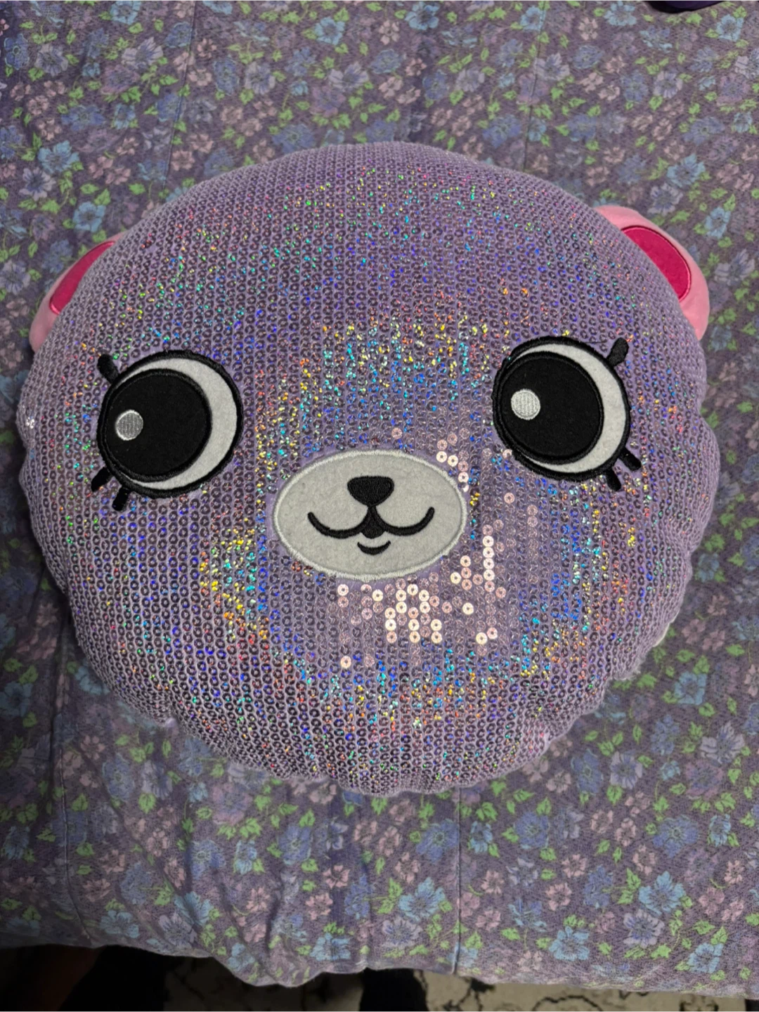 Sequin Bear Pillow - Purple
