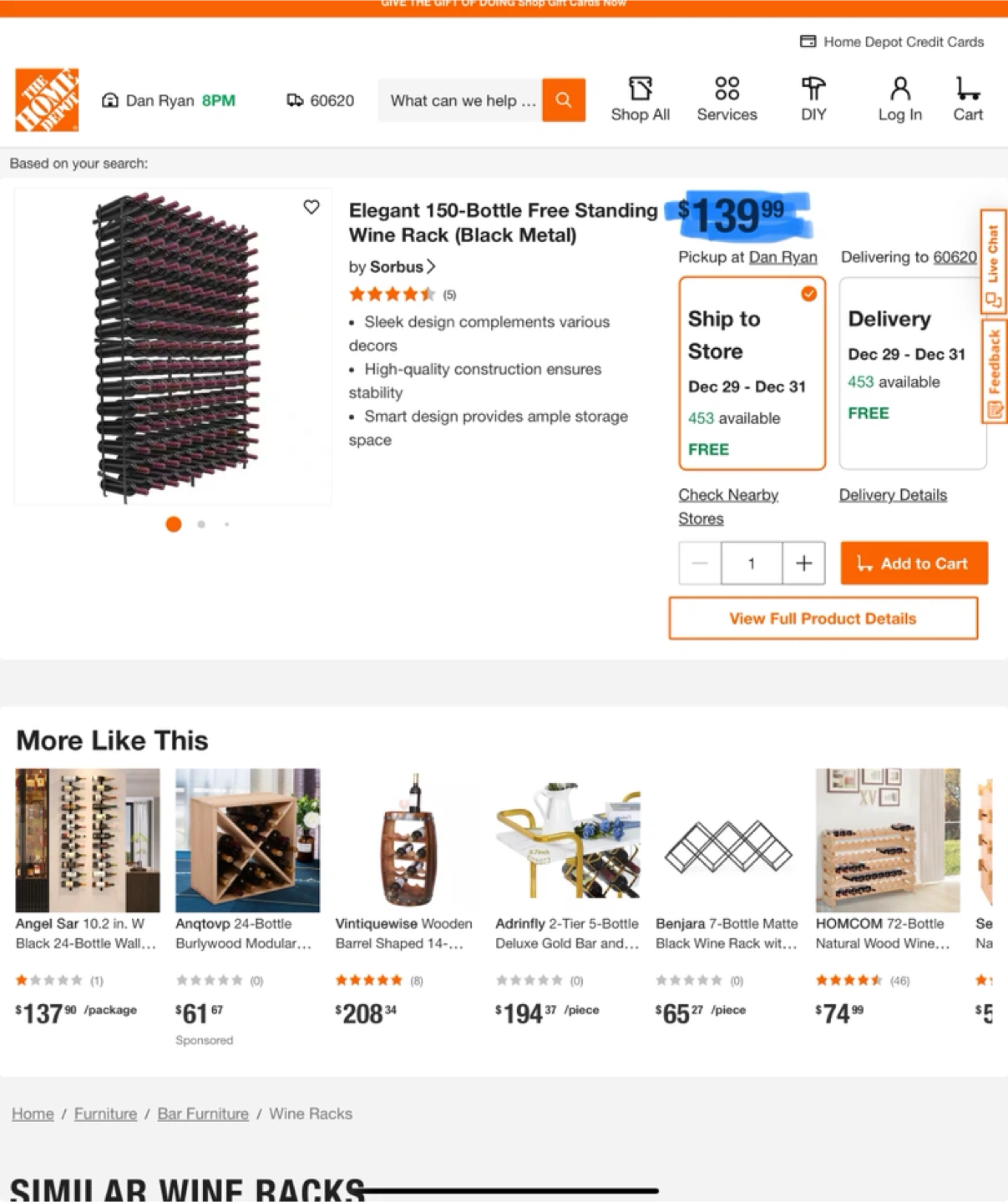 Elegant 150-Bottle Free Standing Wine Rack (Black Metal)
