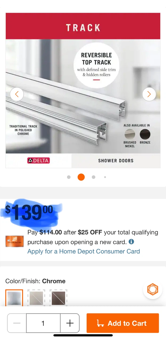 Delta Shower Door Track - Chrome Finish