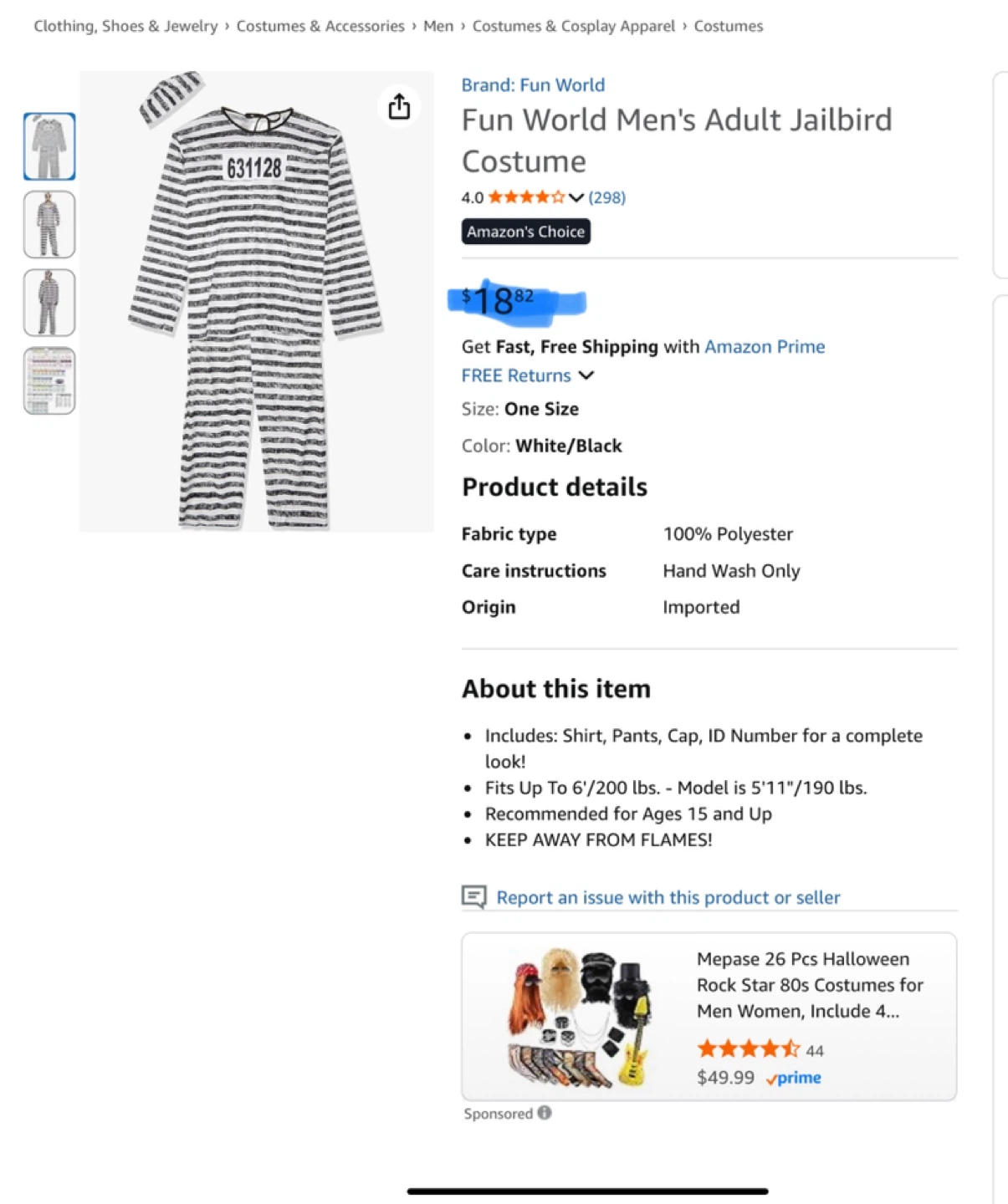 Fun World Jailbird Costume - Adult, One Size