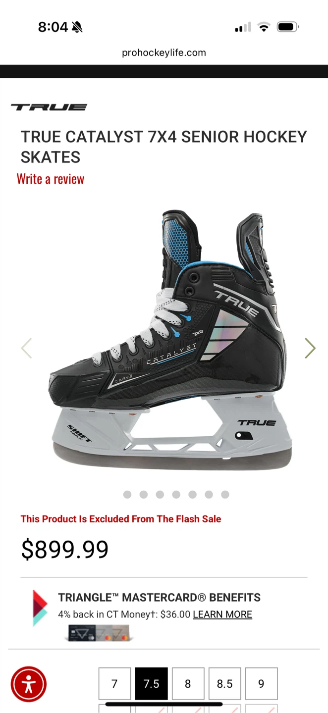 TRUE CATALYST 7X4 SENIOR HOCKEY SKATES size 7.5 mens