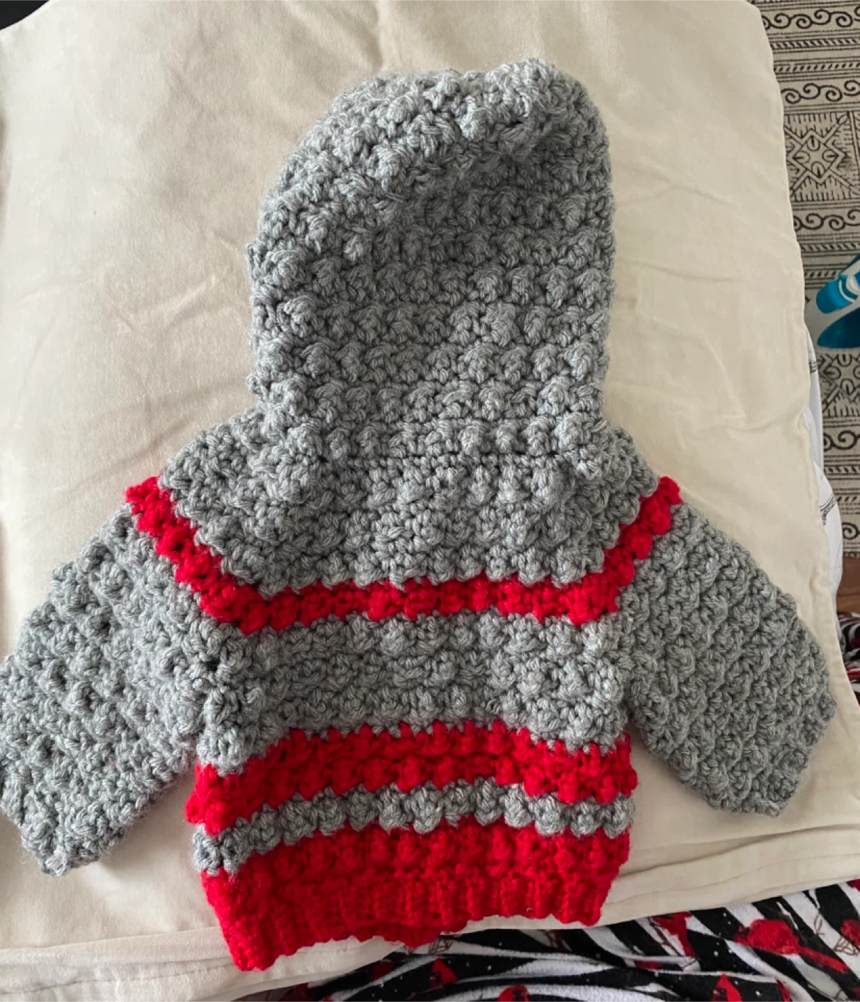 Handmade Grey & Red Crochet (acrylic )Baby Sweater - photo 2