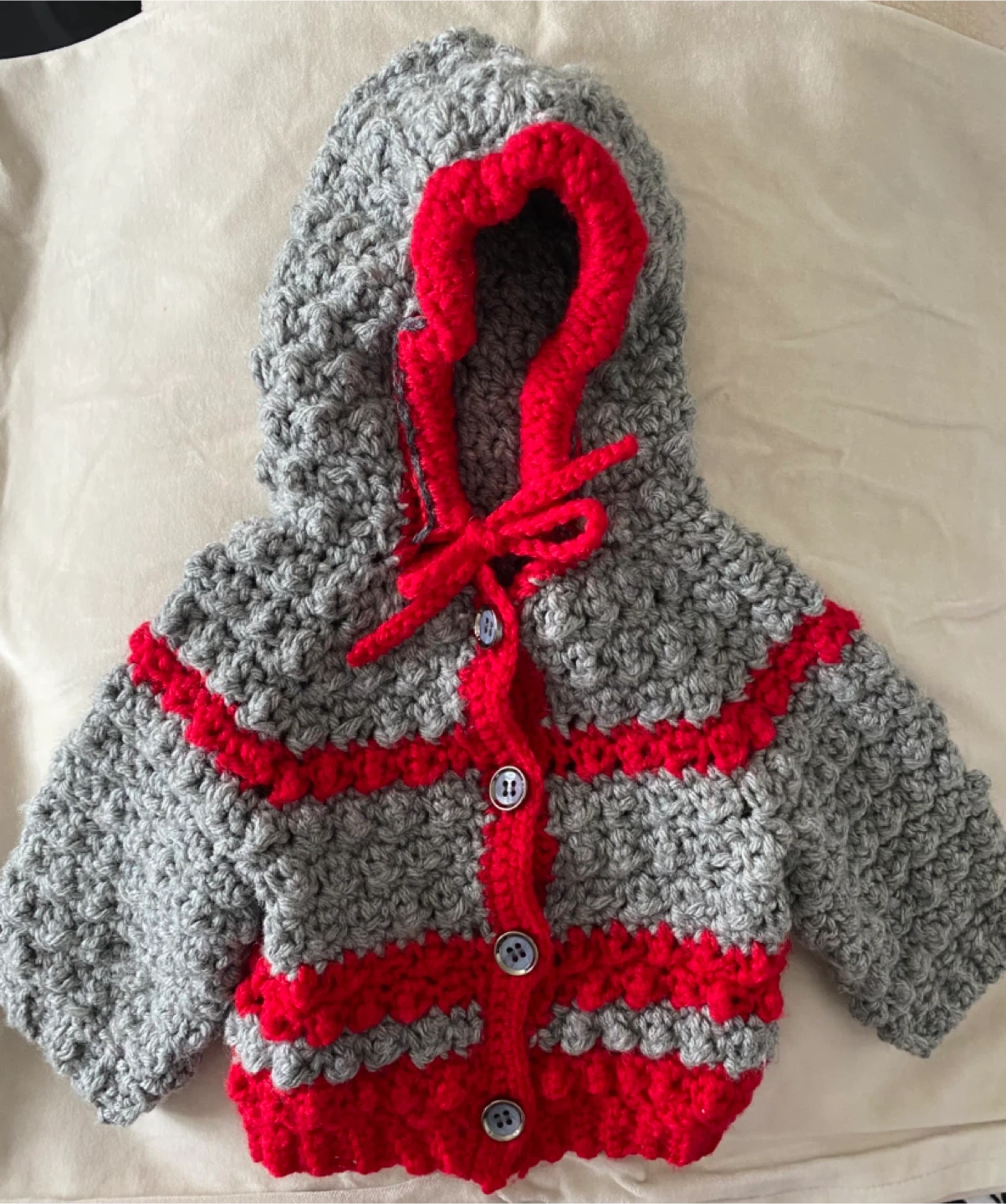 Handmade Grey & Red Crochet (acrylic )Baby Sweater