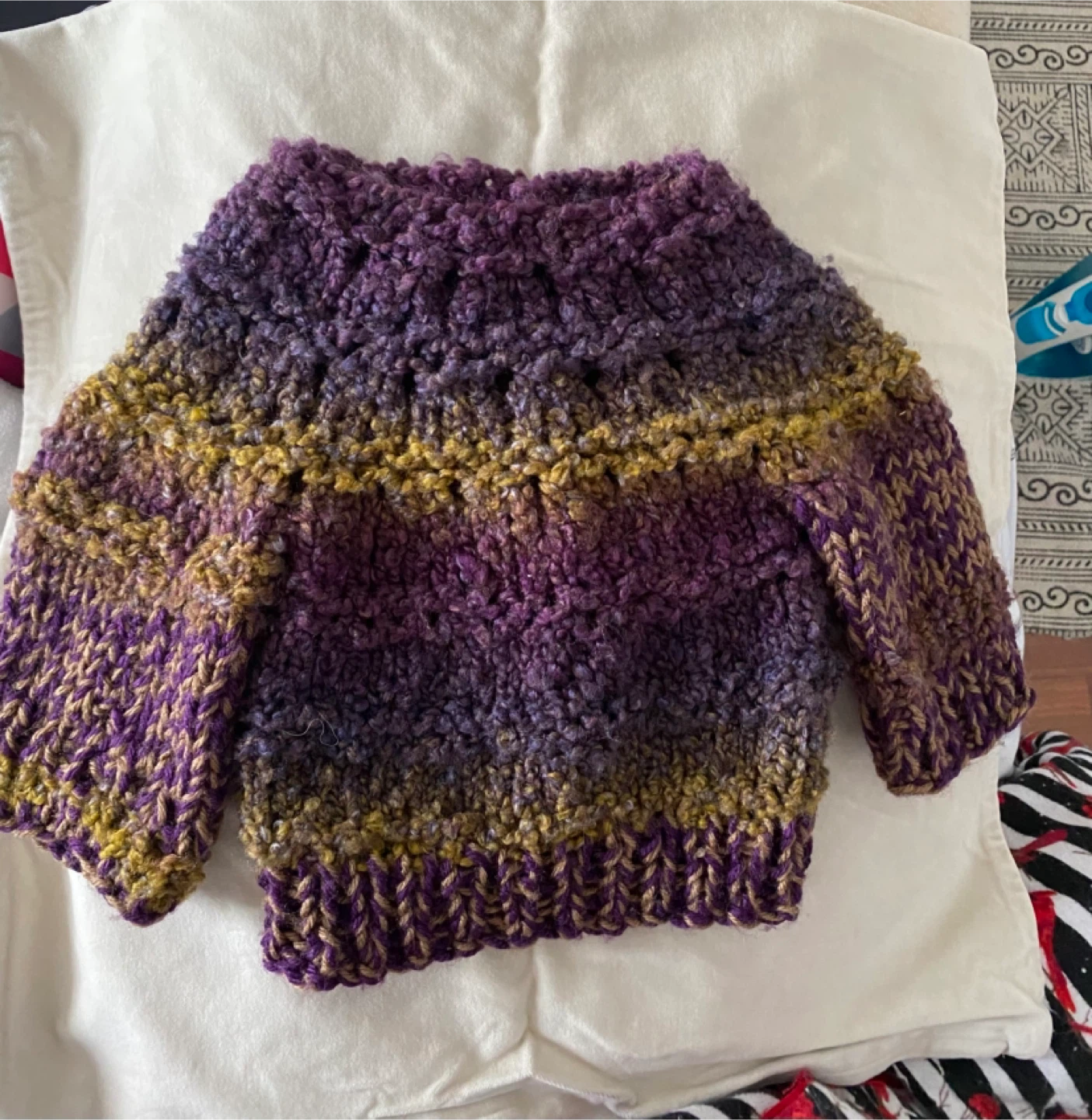 Handmade Purple & Yellow (wool) Knit Baby Sweater - photo 2