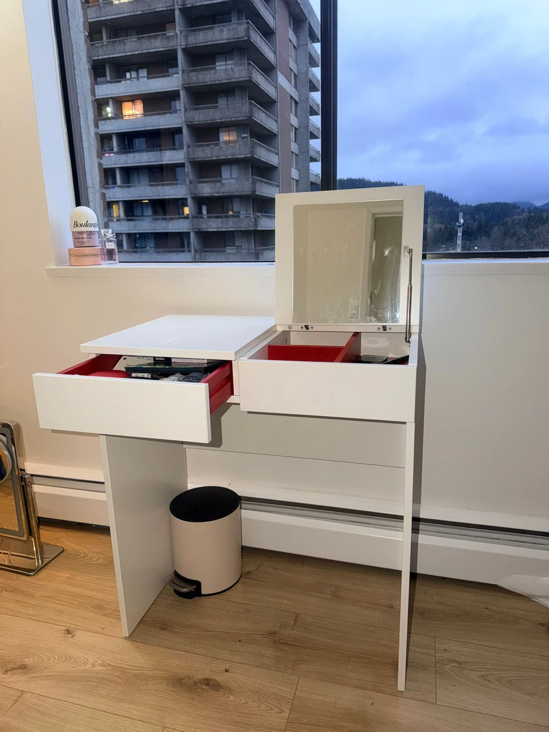Pink Velvet Desk Chair & IKEA White Vanity Desk Set