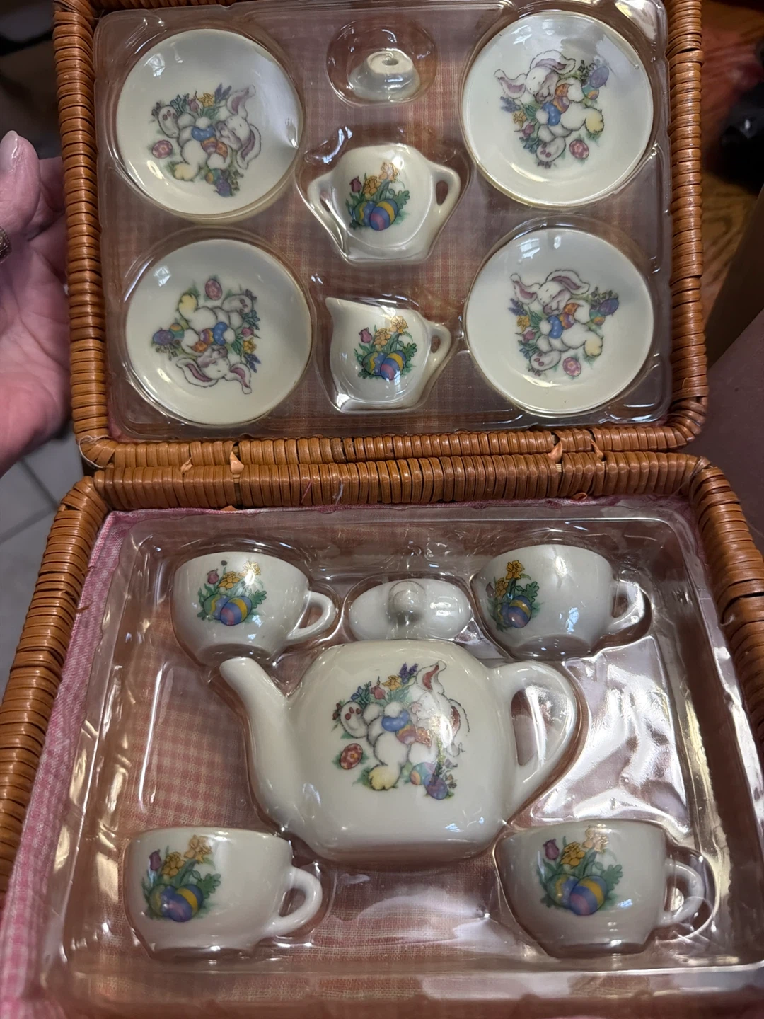 Vintage Bunny Tea Set in Wicker Basket