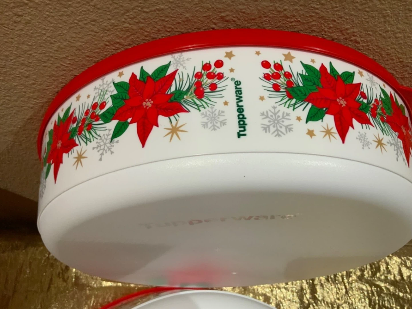 Tupperware Round Container with Poinsettia Design