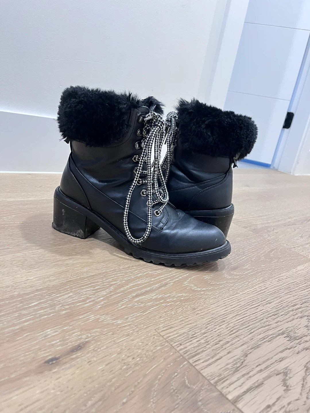 Black Ankle Boots with Faux Fur Trim