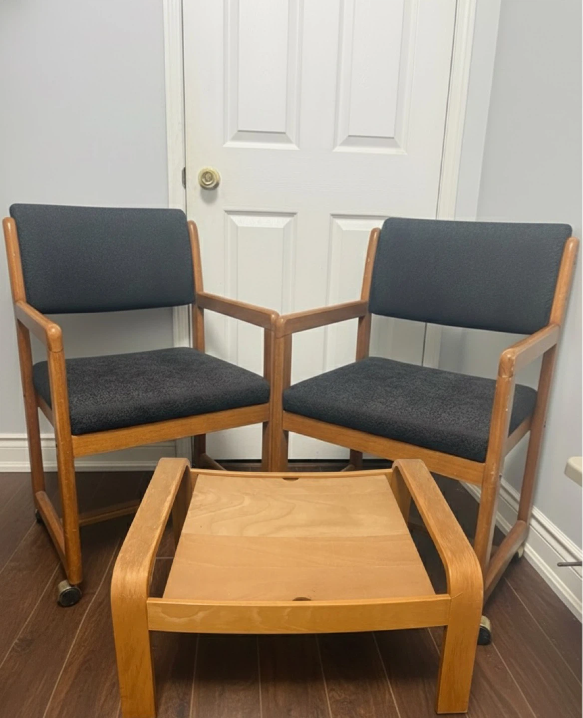 2 Rolling Wood Accent Chairs + Matching Ottoman Set