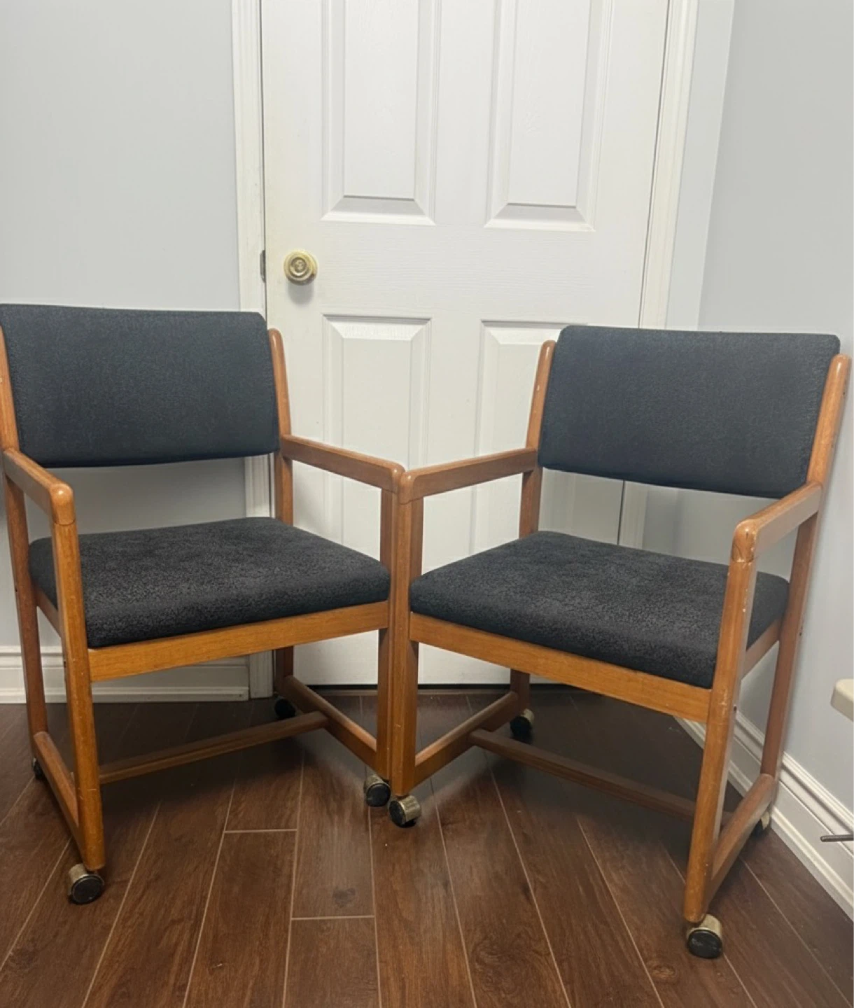 2 Rolling Wood Accent Chairs + Matching Ottoman Set - photo 2