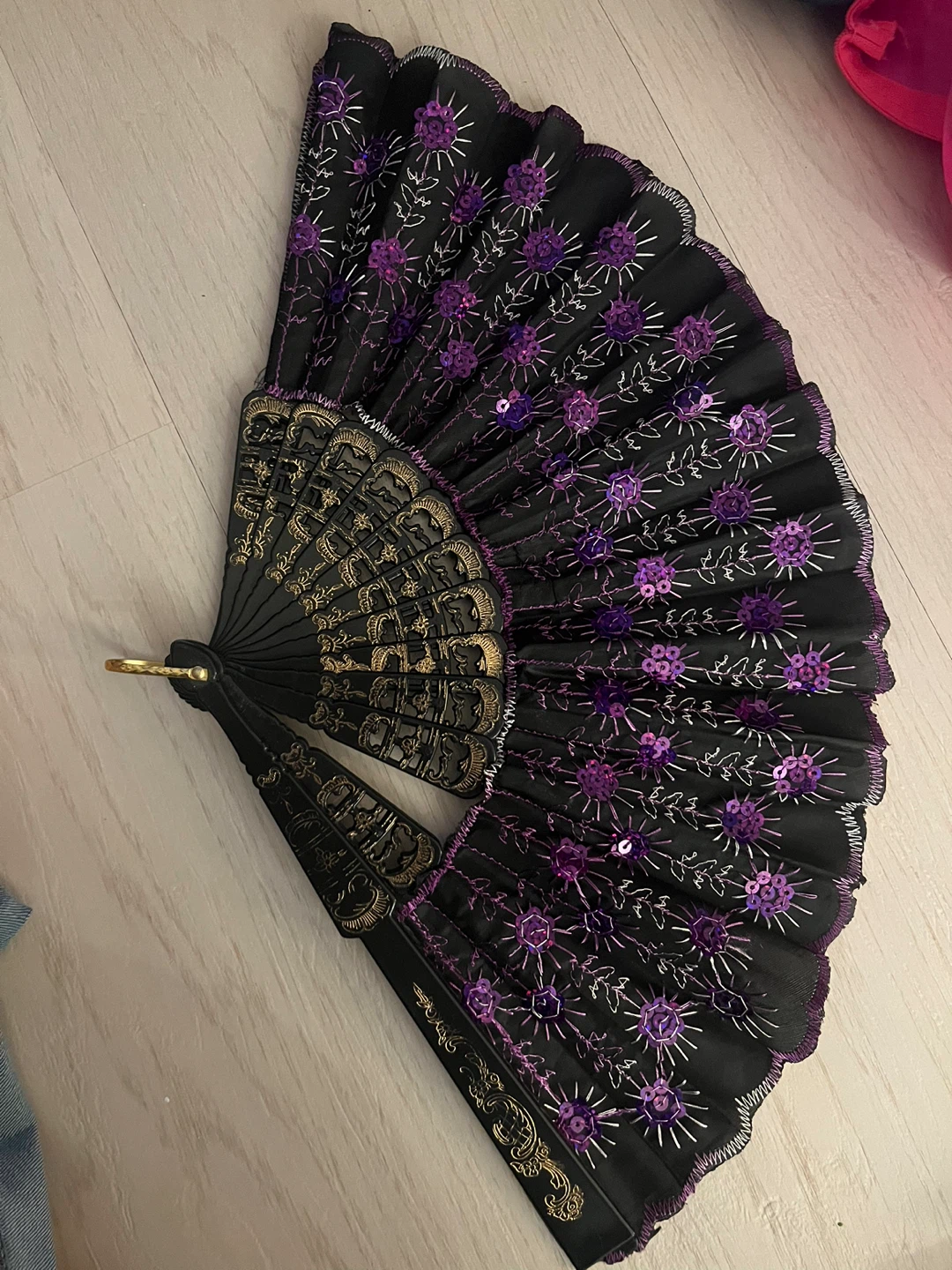 Black Hand Fan with Purple Flowers Dance Prop