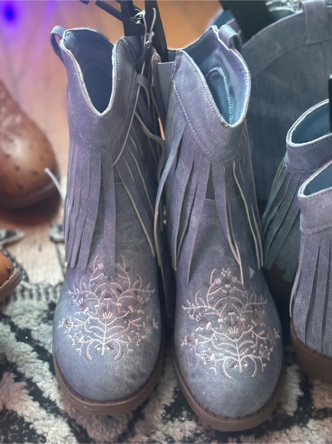 Fringe Denim Cowboy Boots