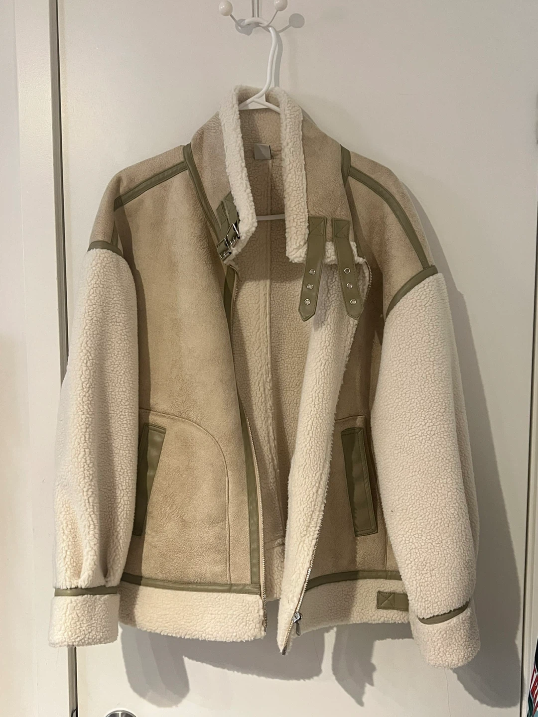 Woman Faux Suede Shearling Aviator Jacket Size M