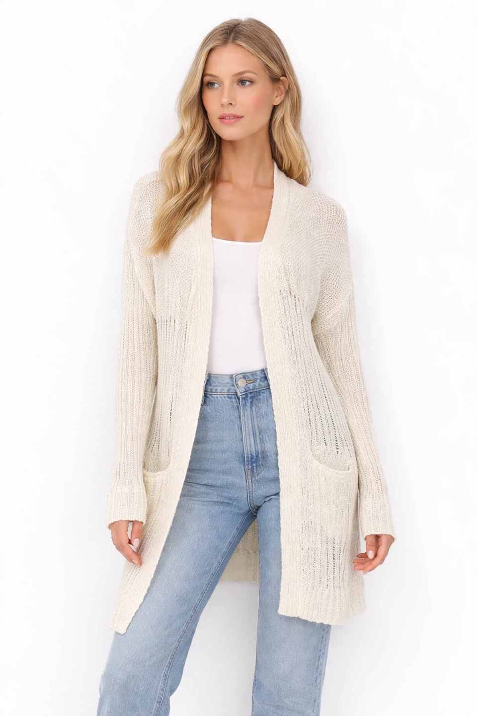 Triple Five Open Knit Cardigan Sweater Cream XL Like New