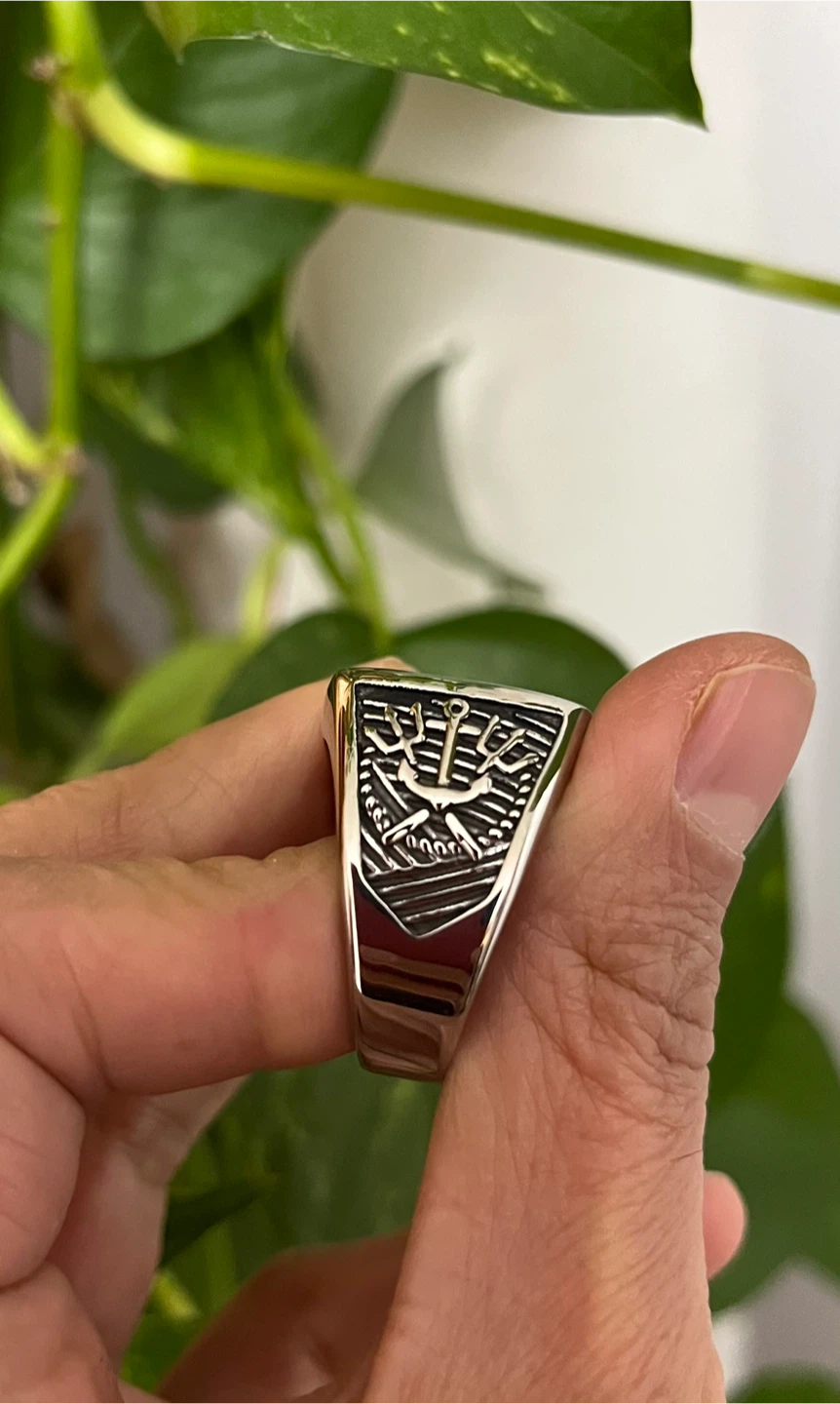 Silver stainless steel Anchor & Trident Ring size 10 - photo 3