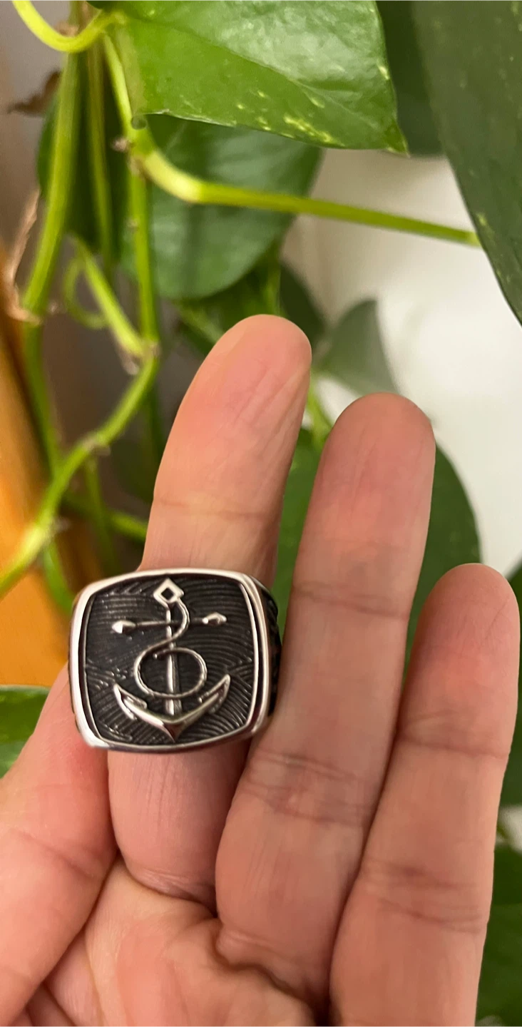 Silver stainless steel Anchor & Trident Ring size 10